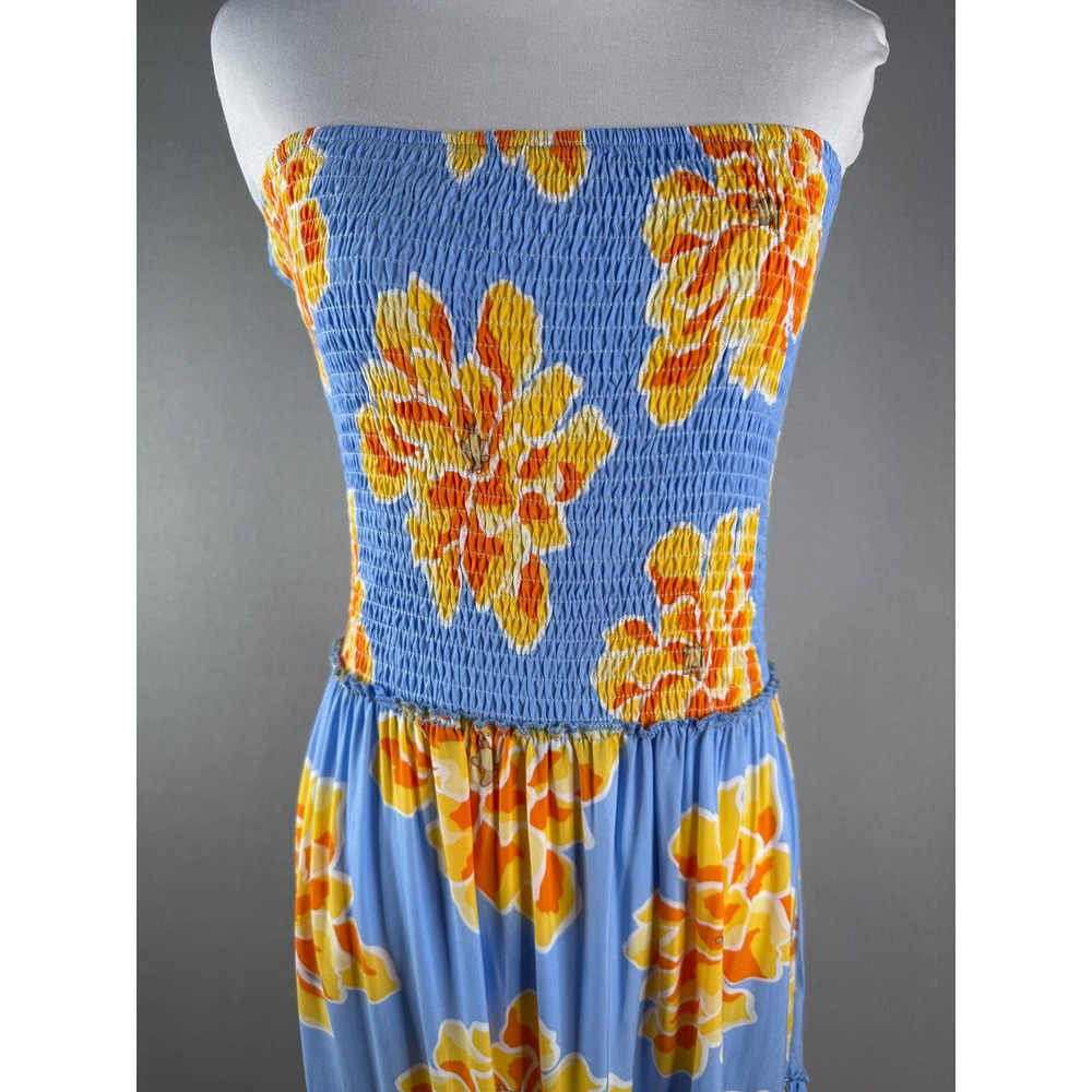 Abel The Label Maxi Dress Womens L Blue Orange Floral‎ Smocked Tiered Strapless - Picture 2 of 8